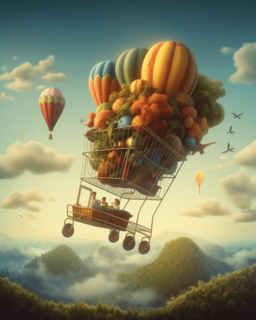 Artwork by Artist Rocco Tanica for Linkontro 2023. V&eacute;G&eacute; company, a cart shopping of dreams