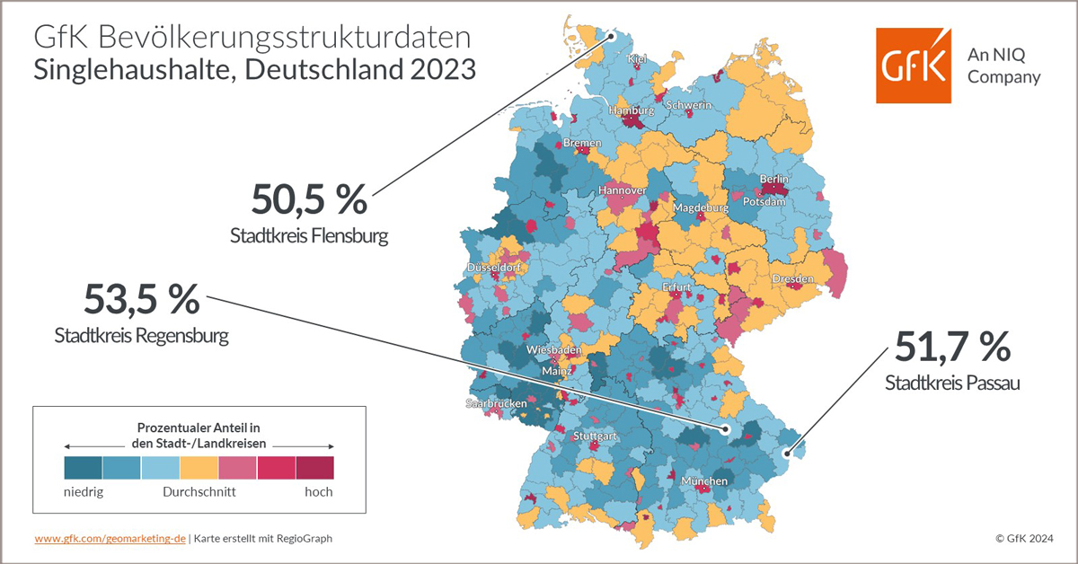 Bild im Inhalt 2 zu Bild des Monats: GfK Bev&ouml;lkerungsstrukturdaten, Singlehaushalte, Deutschland 2023