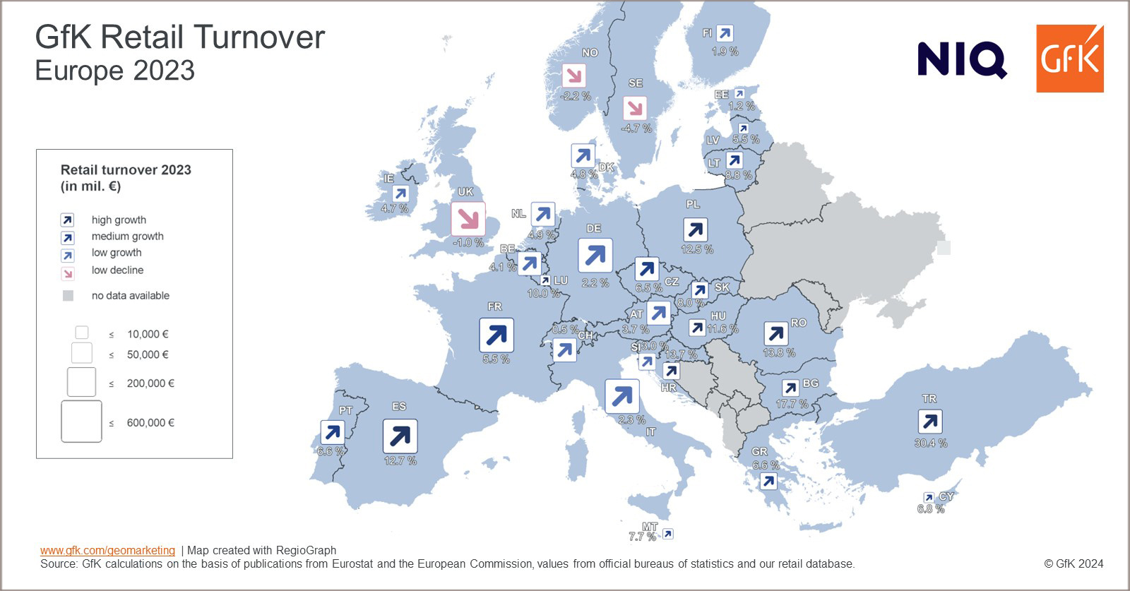 Inline image 1 for Map of the Month: Retail turnover growth rate, Europe 2023