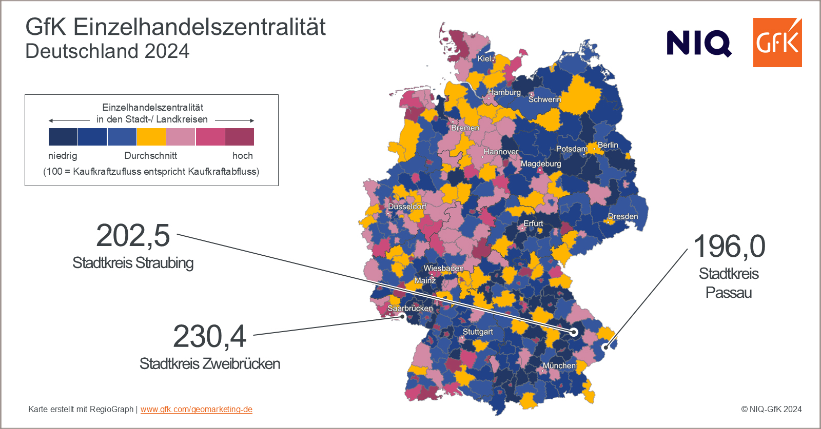 Karte von Deutschland, die die regionale Verteilung der Einzelhandelszentralit&auml;t zeigt