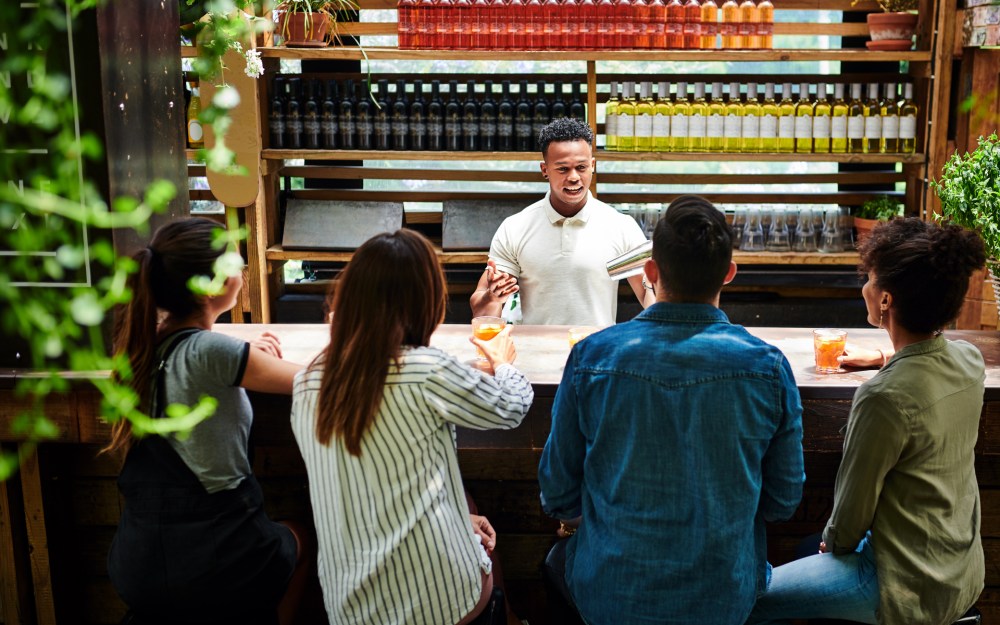 friends sitting at bar talking with bartender
