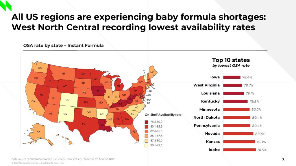 a chart showing which US regions are hardest hit by the baby formula shortage