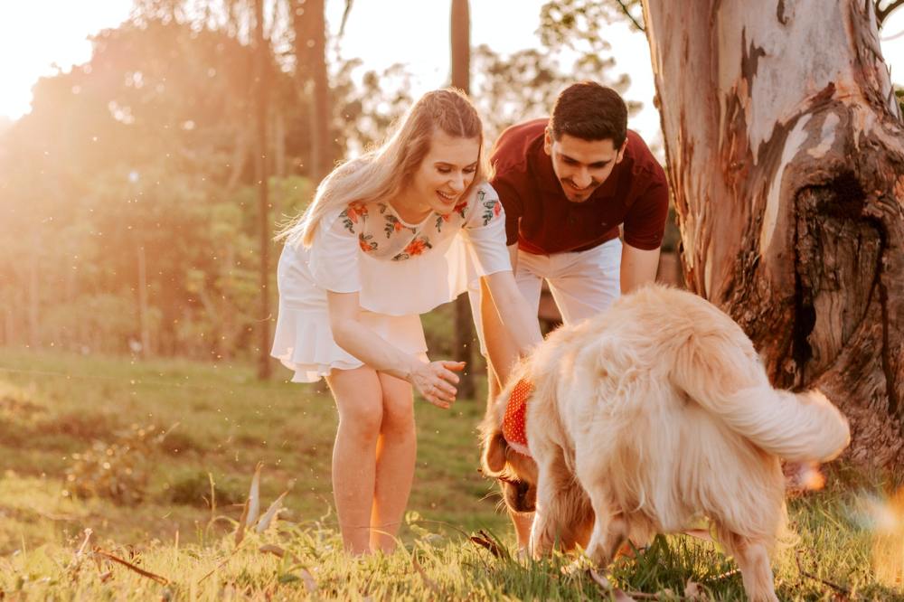 a man and woman playing with their pet dog at sunset