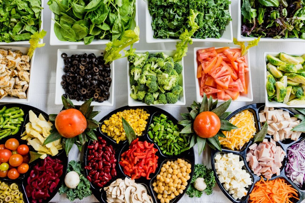 Arranged vegetables on trays and plates