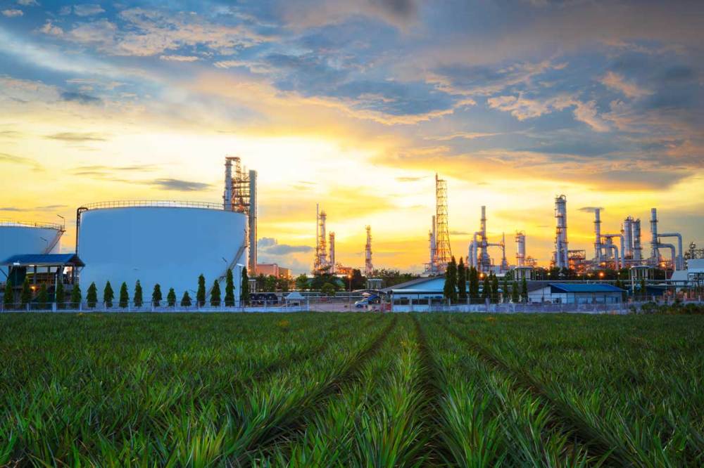 Factory near field of grass