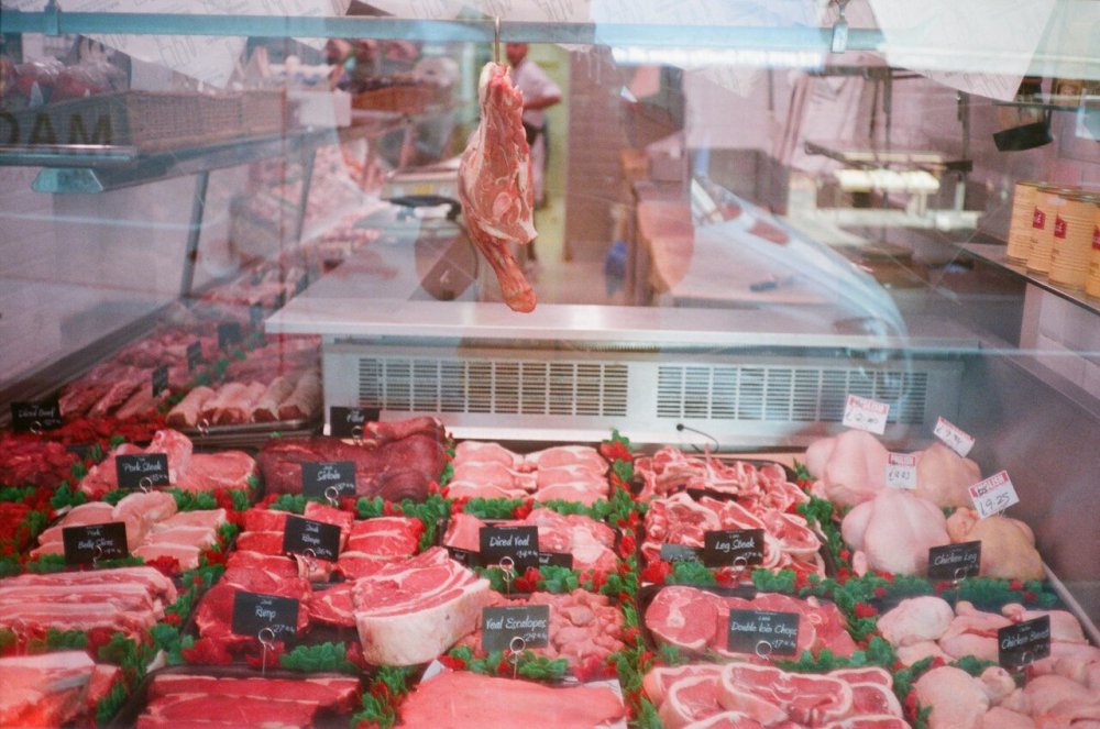 Display of meat cuts in a deli