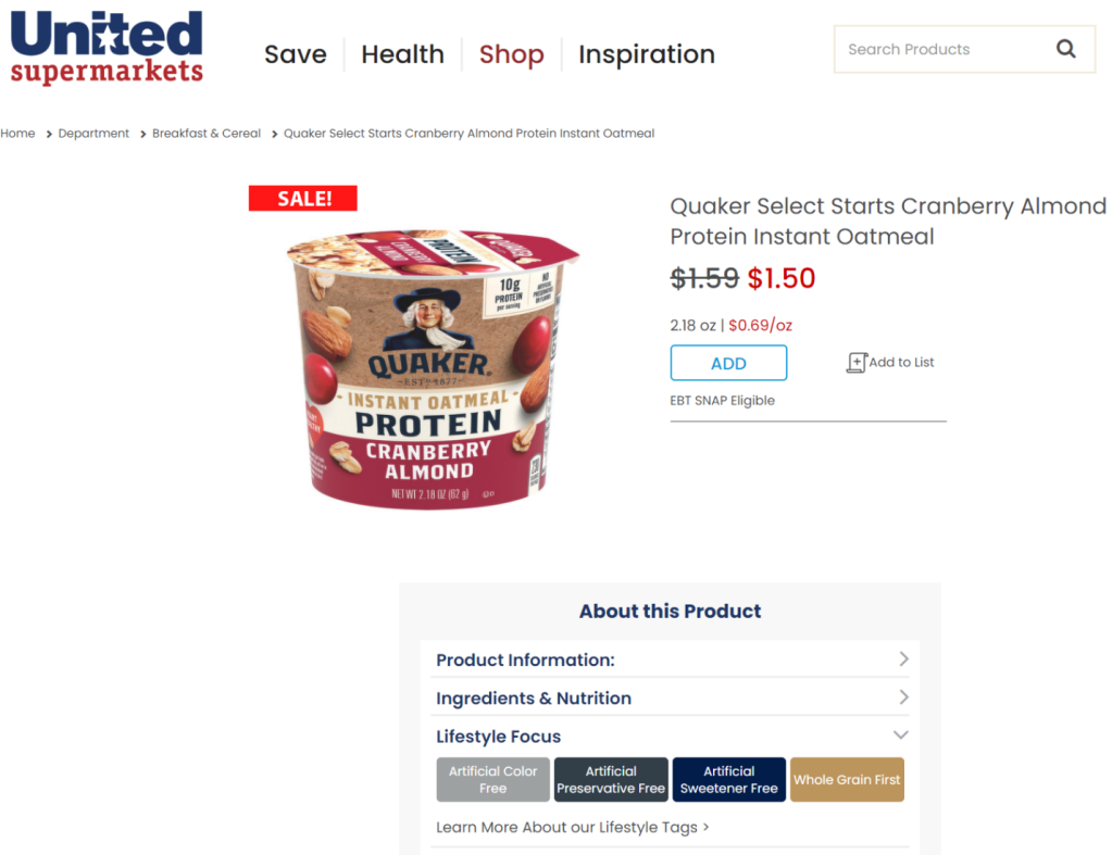 United Supermarkets website product detail page