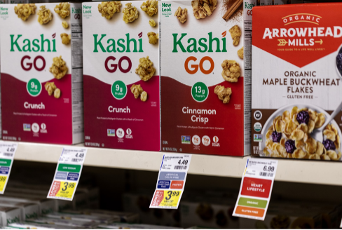 Cereal products on shelf with labels
