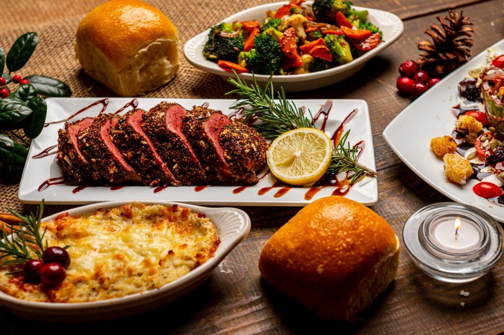 Food arranged on a table for a holiday meal