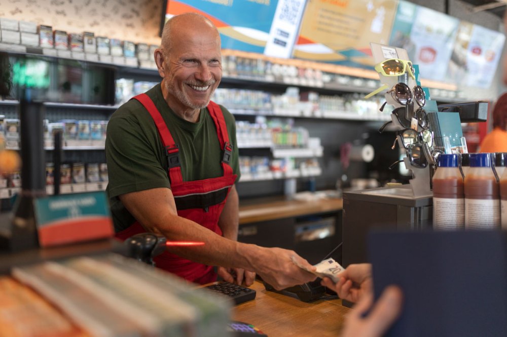 Cashier behind counter taking money from a customer