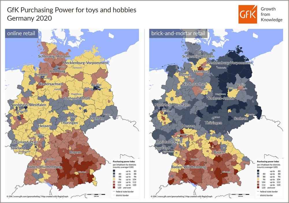 Hero image for Map of the Month: Online & brick-and-mortar purchasing power for toys and hobbies, Germany 2020