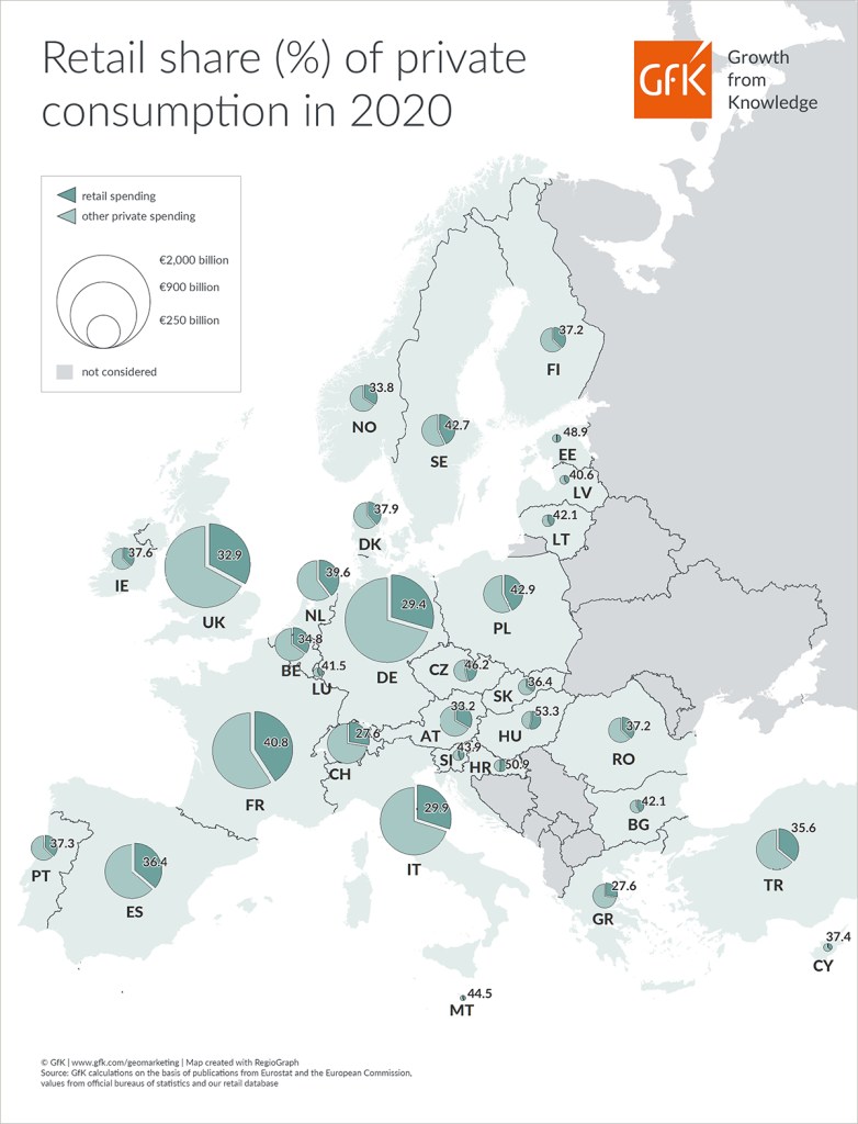 Hero image for Map of the Month: Retail share of private consumption, Europe 2020