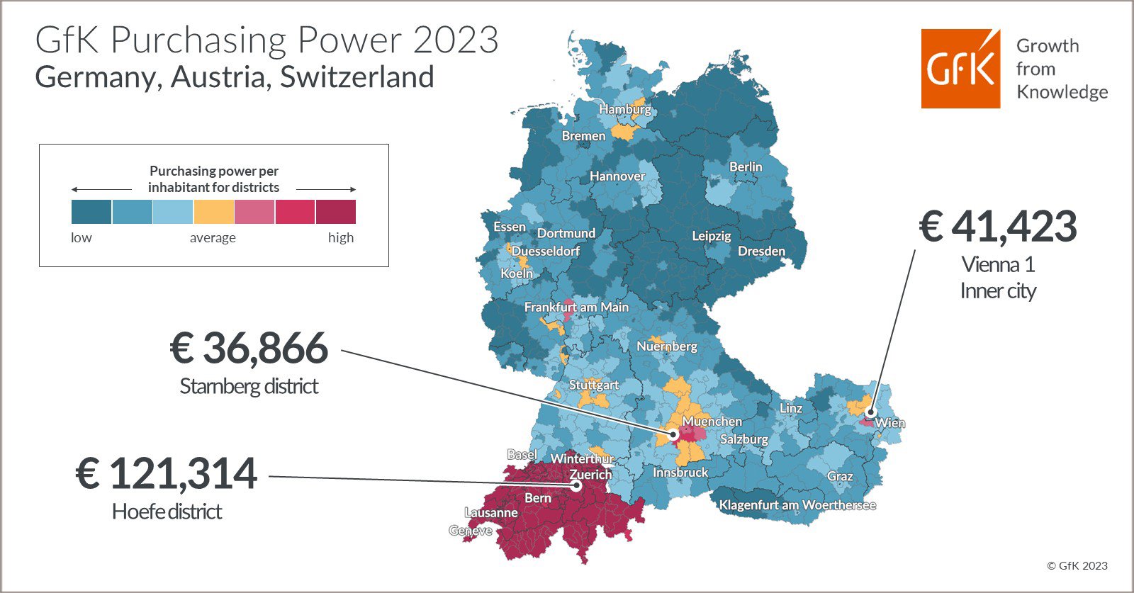 Inline image 2 for Map of the Month: GfK Purchasing Power Germany, Austria, Switzerland 2023