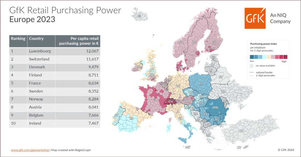 Hero image for Map of the Month: GfK Retail Purchasing Power, Europe 2023