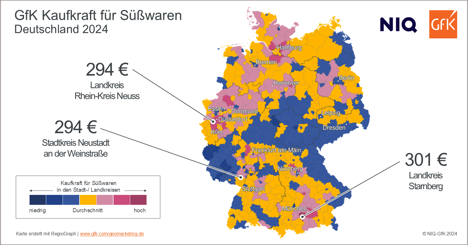 Regionale Verteilung der Kaufkraft f&uuml;r S&uuml;&szlig;waren in Deutschland im Jahr 2024