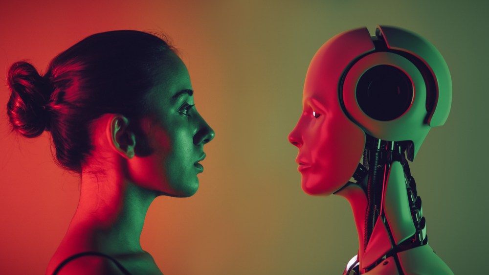 robot and girl looking each other