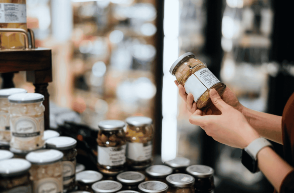 products with labels in a supermarket
