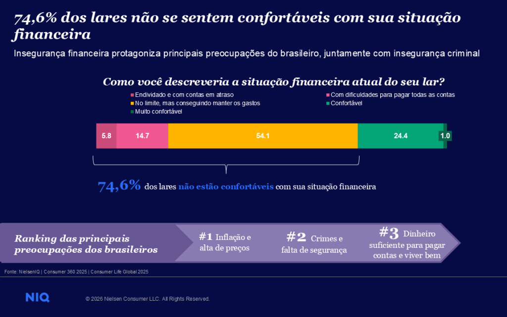 Imagem com um gráfico sobre como o consumidor descreve a atual situação financeira e ranking das 3 principais preocupações dos brasileiros.